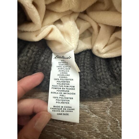 Eddie Bauer Chunky Knit Lined Beanie Pom Hat Gray Brown Winter Cottage Hat - Picture 5 of 6